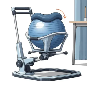 "Illustration of a pilates ball office chair integrated with a stability base or stand for enhanced safety and convenience in a workspace."