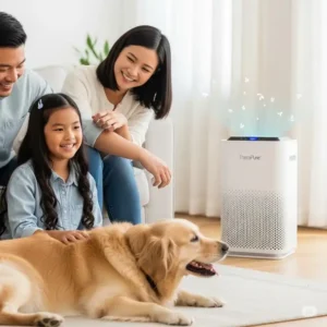 Happy family with a pet dog next to a TheraPure air purifier, demonstrating its effectiveness in reducing pet dander and odors.