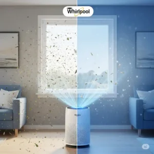 Visual representation of improved indoor air quality after using a Whirlpool air purifier, showing reduced pollutants and allergens.