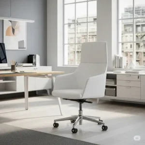 Stylish white leather office desk chair in a sleek, contemporary office environment.