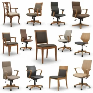 "Collection of various wood office chair styles, showcasing different finishes and designs."