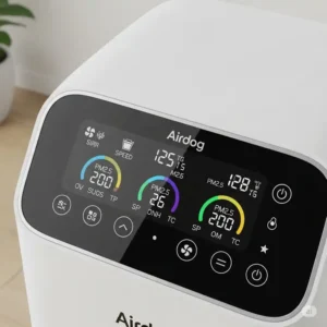 Clear view of the intuitive control panel and digital display on an airdog air purifier, showing various settings and air quality indicators.