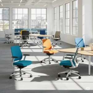 Several Allsteel office chairs arranged in a collaborative office environment, highlighting their versatility and suitability for various work settings.