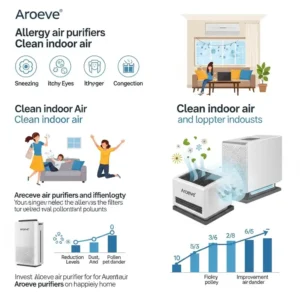 Benefits of aroeve air purifiers highlighting allergy relief and clean, fresh indoor air.