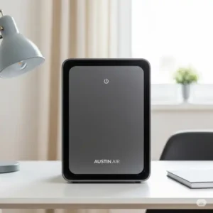 Front view of a sleek austin air purifier, showcasing its durable design and compact footprint suitable for various spaces.