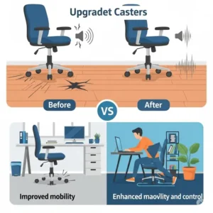 Graphic illustrating the benefits of upgrading office chair casters, such as reduced floor damage, quieter movement, and improved mobility.