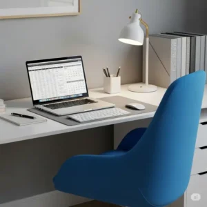 Modern minimalist office space featuring a comfortable blue office desk chair as a focal point.