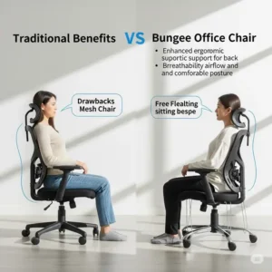 Visual comparison highlighting the distinct benefits of a bungee office chair compared to a traditional mesh chair.