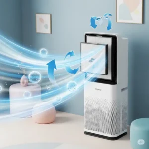 Illustration depicting fresh, clean air circulating after replacing a coway air purifier filter, symbolizing improved indoor air quality.