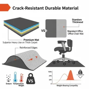 "Infographic illustrating the crack-resistant and durable material of a premium office chair mat for thick carpet, built to withstand heavy use on thick carpet."