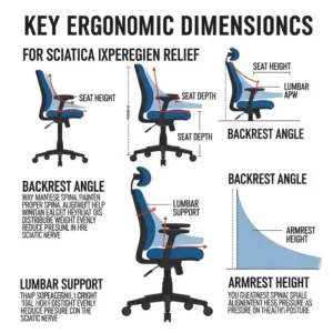 Infographic displaying key ergonomic dimensions of an office chair for sciatica, optimized for individuals experiencing pain.