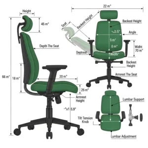 "Detailed diagram illustrating key dimensions and adjustable features of a green office desk chair."