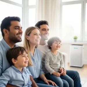 A happy family breathing fresh, clean air indoors, with a Hisense air purifier subtly placed in the background.