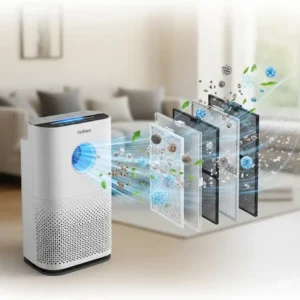 Visual representation of air circulation and purification process by a Holmes air purifier.