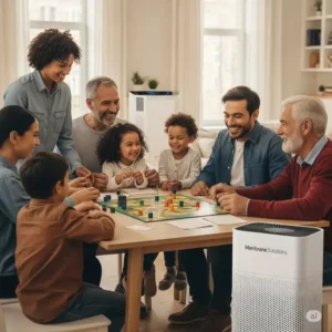 A happy family enjoying indoor activities together, highlighting the benefits of a healthier home environment provided by their Membrane Solutions air purifier. 
