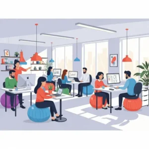 "Illustration depicting a modern office environment where several employees are actively using pilates ball office chairs, promoting a dynamic and healthy workplace."