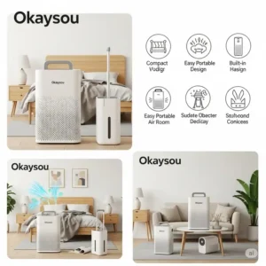 Compact and portable design of an Okaysou air purifier, suitable for various room sizes.