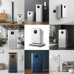 Collection of pure air air purifiers in various modern designs and sizes, showcasing options that blend seamlessly into different home decor styles.