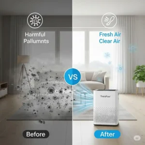 Graphic showing 'before' and 'after' air quality levels, illustrating the significant improvement provided by a TheraPure air purifier.