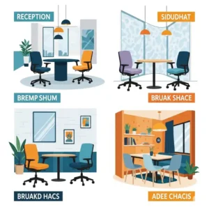 Illustration showcasing the versatility of office side chairs in different settings, from reception areas to casual breakout spaces.