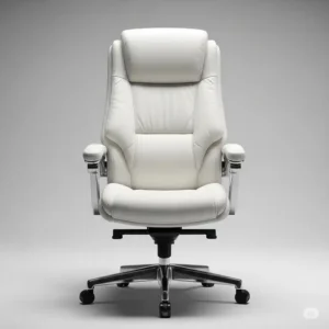 Front view of a pristine white leather office desk chair, highlighting its ergonomic contours.