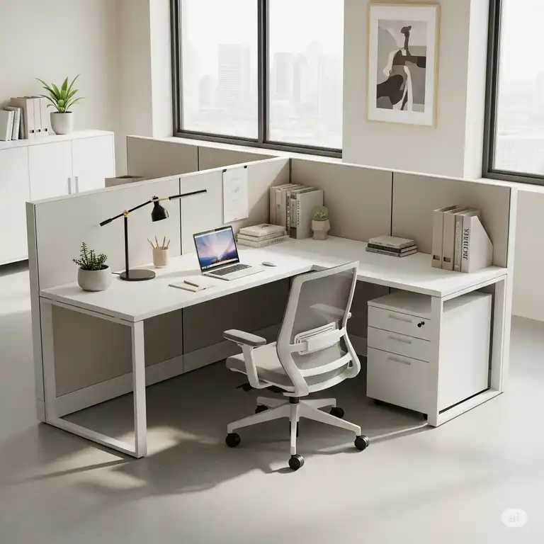Modern cube office desk setup with ergonomic chair and minimalist decor, perfect for a productive workspace.