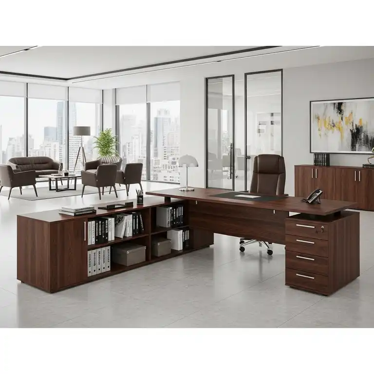 Sophisticated L-shaped executive office desk in a modern corporate setting, featuring ample workspace and storage.