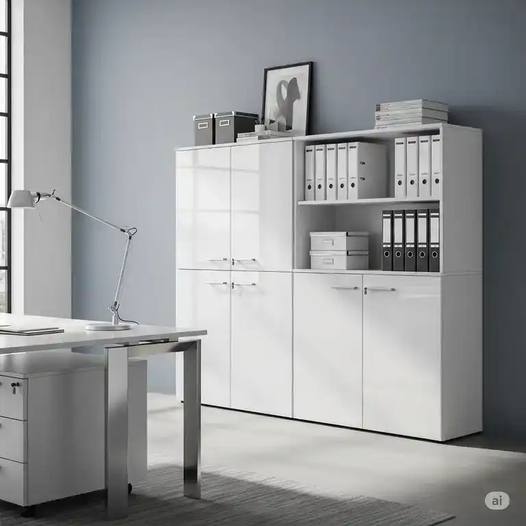 A sleek, modern credenza office furniture piece in a contemporary workspace, offering stylish storage and a convenient surface for a monitor or decor.
