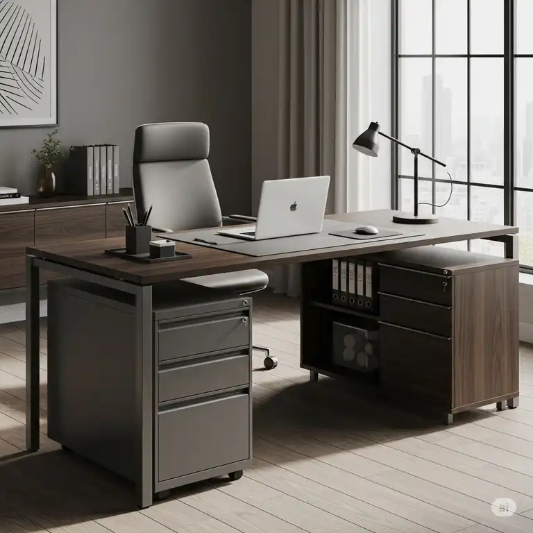 Modern office desk and file cabinet with a sleek, dark wood finish, showcasing an organized workspace.