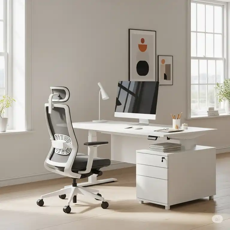 A modern, ergonomic office desk with a chair in a bright, minimalist workspace, perfect for productivity.
