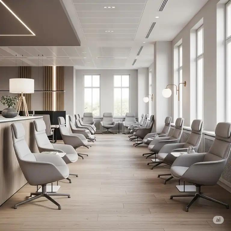 Modern office reception chairs in a well-lit waiting area, designed for comfort and style to welcome visitors.