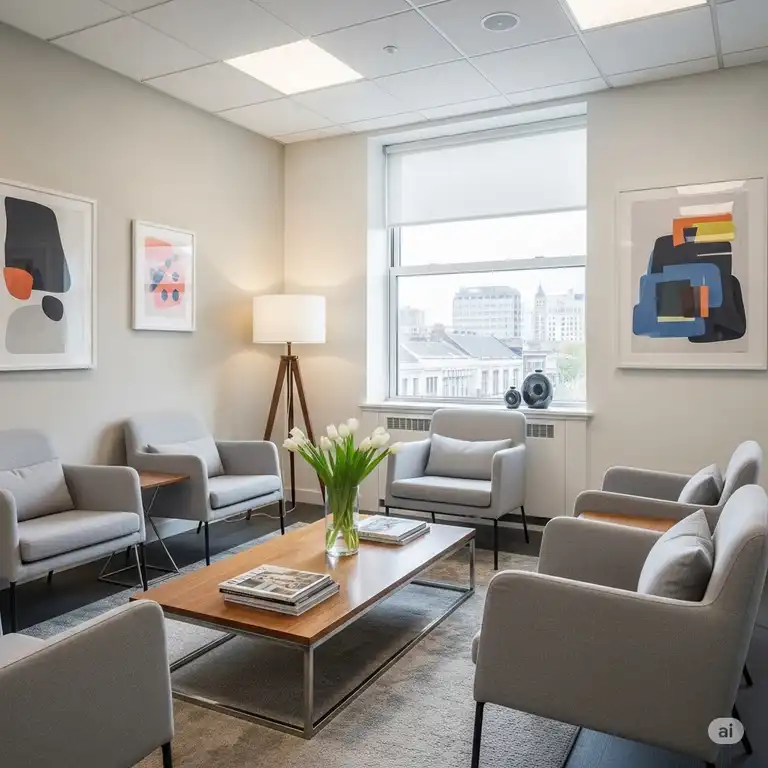 A bright and modern office waiting room featuring comfortable, contemporary grey office waiting room chairs, a low coffee table, and a large window, creating an inviting space for visitors.