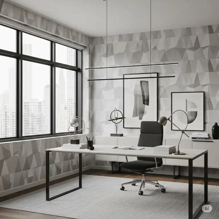 Modern office with a geometric patterned wallpaper, adding a stylish touch to the workspace decor.