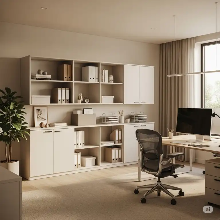 A modern office with a sleek, spacious office cabinet storage solution organizing files and supplies, enhancing productivity and aesthetics.