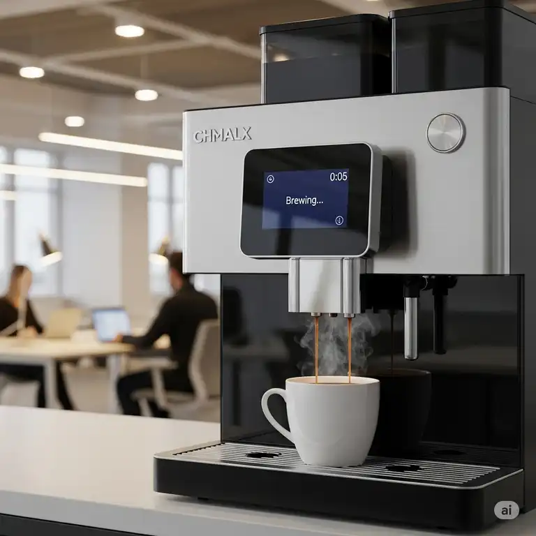 A sleek, modern office coffee brewers dispensing a cup of hot coffee, highlighting convenience and quality in a contemporary workspace.