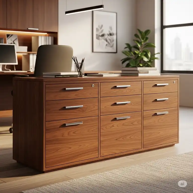 A modern office credenza with file drawers, perfect for organized storage in a contemporary workspace.