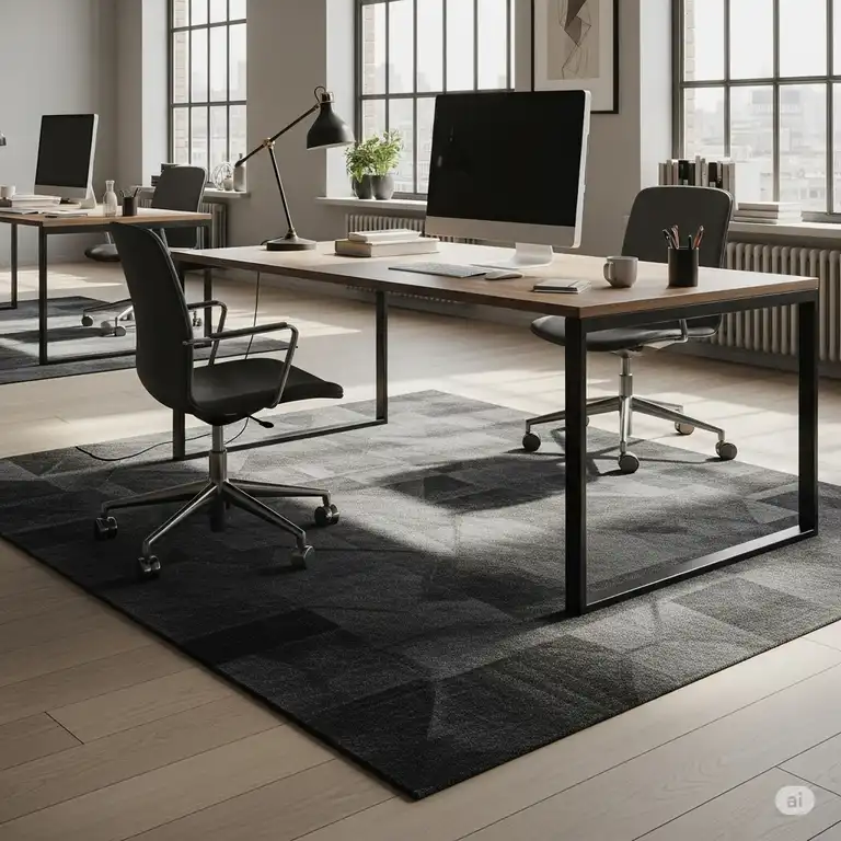 A stylish, sound-absorbing office rug in a modern workspace, enhancing comfort and design.