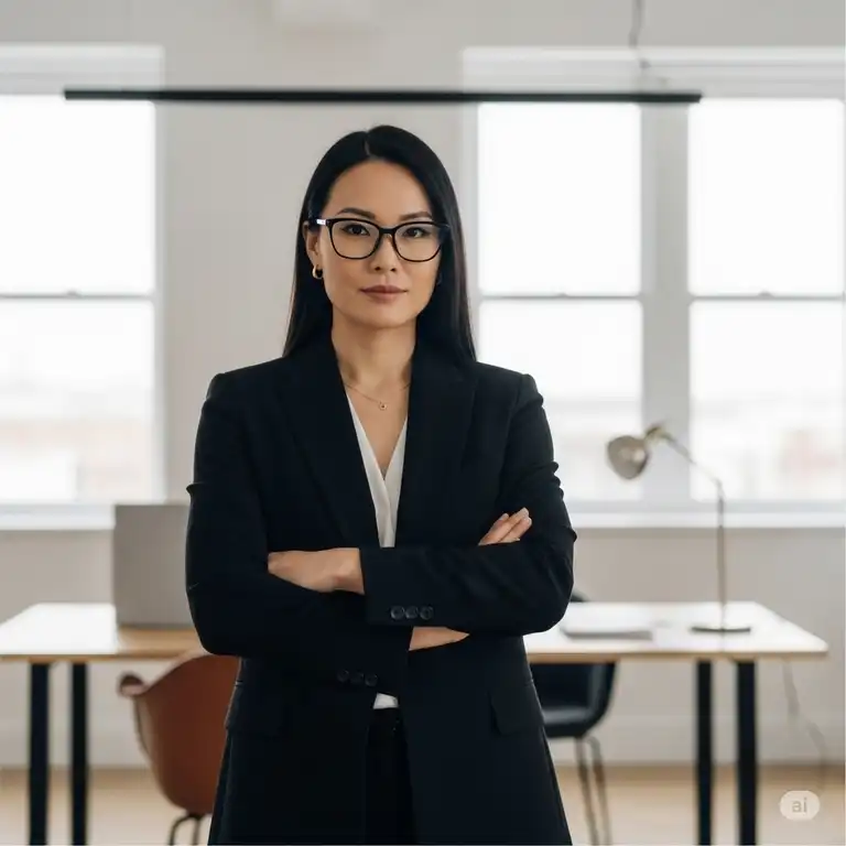 A stylish woman wearing sleek, modern office siren glasses, looking confidently at the camera in a professional, minimalist office setting, embodying sophistication and power.