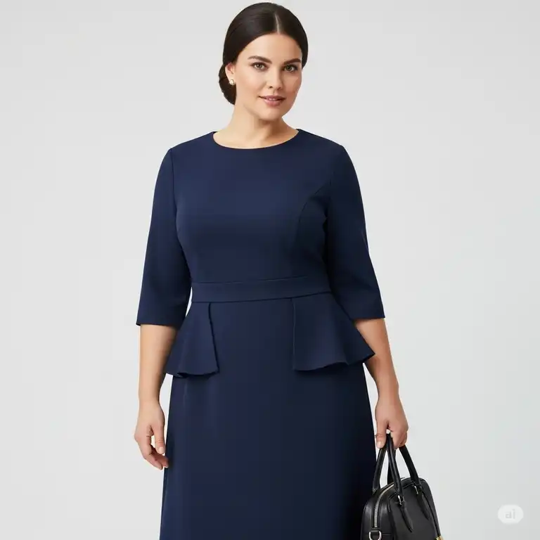 A confident woman wearing a stylish navy blue plus size office dress, suitable for a professional work environment.
