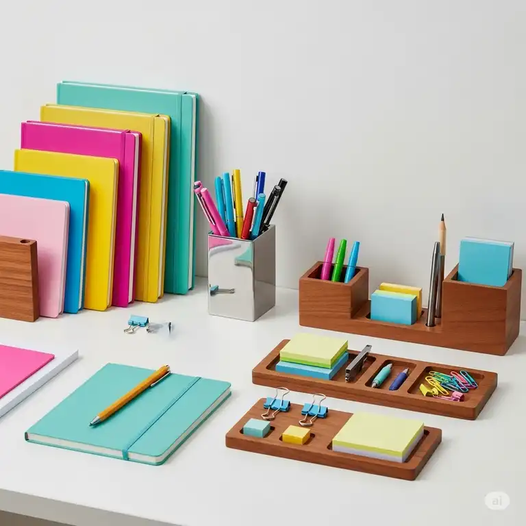 Poppin office supplies arranged aesthetically on a modern desk, featuring colorful notebooks, pens, and desk organizers.