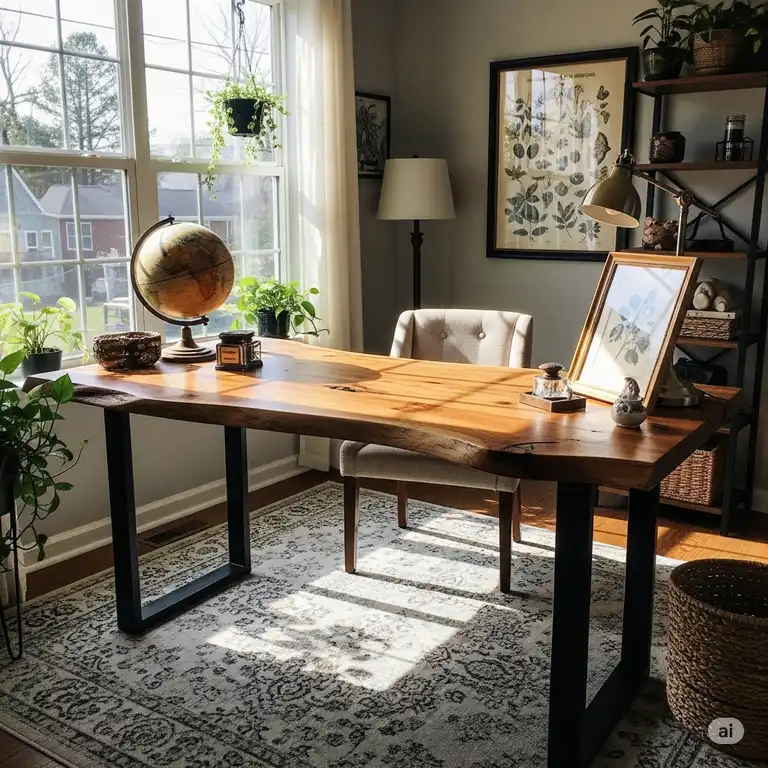A rustic office desk with a live-edge wooden top and black metal legs, set in a cozy home office space with natural light.