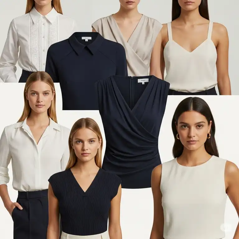 Stylish women's office tops in various cuts and fabrics, perfect for professional work environments.