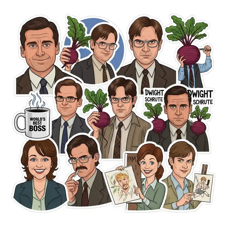 A vibrant collection of "the office stickers" featuring popular characters like Michael Scott, Dwight Schrute, and Pam Beesly, perfect for personalizing laptops, water bottles, and notebooks.
