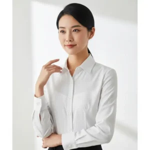 Classic white button-up blouse, a versatile and essential office tops for women.