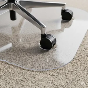 Close-up view of a clear office chair mat for carpeted floors polycarbonate seamlessly blending with carpet, showcasing its transparent design.