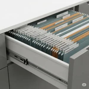 Close-up of an office credenza with file drawers interior, showing hanging file folders for efficient document organization.