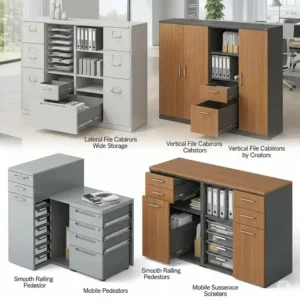 Illustration showcasing various credenza office styles, including traditional, modern, and minimalist designs, to complement diverse office decors.
