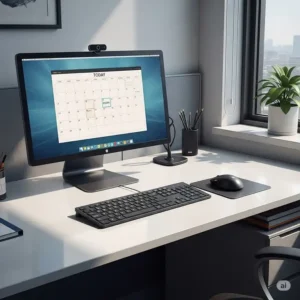 Illustration of a sleek cube office desk with a computer monitor, keyboard, and mouse, ready for daily tasks.