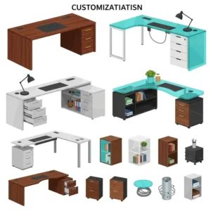 Illustration showcasing various customization options for a custom office desk, including material, shape, and storage.