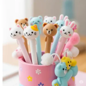 Adorable pens shaped like various cute animals (cats, bears, bunnies) standing in a whimsical pen holder, perfect for adding fun to any desk.
